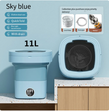 11L Small portable washing machine folding collapsible 3 gear adjustable with rotating drain basket and pipe